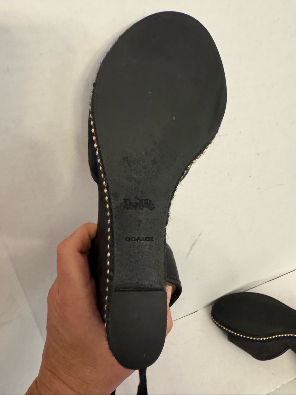 Coach Black Wedge Sandals with Ankle Wraps and Stud Trim (WORN ONCE) - Picture 6 of 9